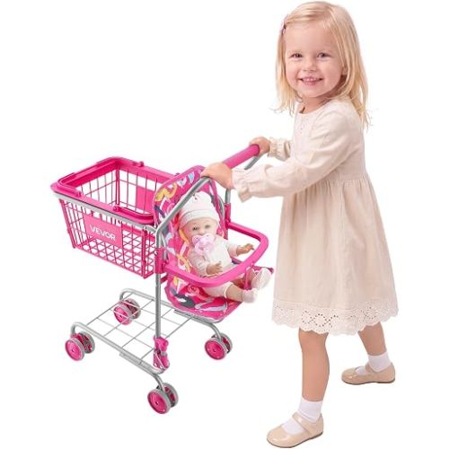 VEVOR Shopping Cart for Kids, Sturdy Metal Frame, Toy Shopping Cart with Baby Doll, 4 Rolling Wheels, Doll Seat Carrier, Grocery Pretend Play Toy Trolley, Folds for Easy Storage, for Toddlers Ages 3+