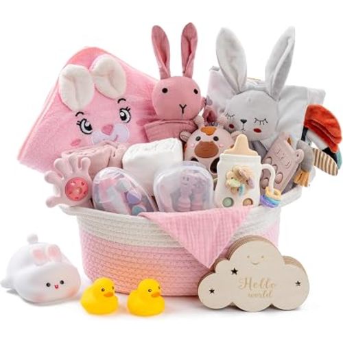 Baby Shower Gifts for Girls, 26 Piece Deluxe Baby Gift Basket - Baby Girl Gift Basket with Bunny Night Light, Electric Nail Trimmer, Bath Towe, Rattle & Milestone Cards for New Mom(Pink)