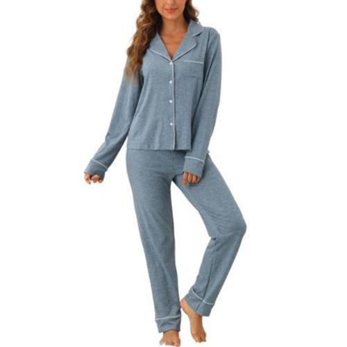 cheibear Women's Chest Pocket Long Sleeve Button Down Top with Pants Pajama Sets
