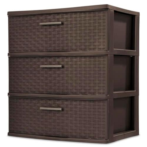 Sterilite 3 Drawer Wide Weave Storage Tower, Plastic Decorative Drawers to Organize Clothes in Bedroom, Closet, Brown with Brown Drawers, 1-Pack