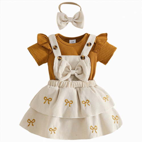 CAICJ98 Baby Girl Summer Skirt Set Newborn Clothes Overall Dress Short Sleeve Ribbed Romper Suspender Skirts 3Pcs Outfits (Coffee,0-3 Months)