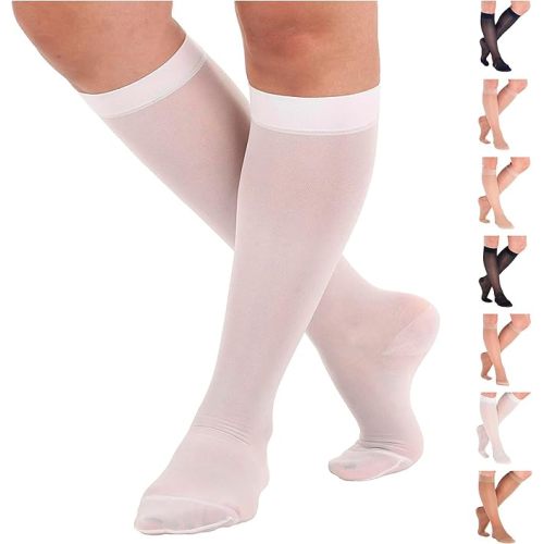 Made in USA - Womens Sheer Compression Stockings 15-20mmHg for Travel - Graduated Support Socks for Airplane, Flying, Travel Circulation - White, Medium - ATRAVEL101WH2