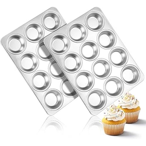 Herogo 2 Pack 12-Cup Stainless Steel Cupcake Pan Tin for Making Egg Muffin Quiches, Metal Muffin Tray Set for Baking, Mini Brownie, Regular Size & Easy Clean, Oven & Dishwasher Safe