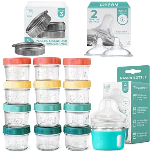 Complete Baby Glass Bottle & Breastmilk Storage Kit | 8oz Mason Jars w/Lid + Slow & Medium Flow Nipples (0-6 Months) + Plastic Mason Jar Rings & Caps + Silicone Sleeves