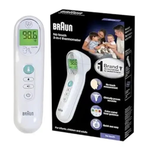 Braun No Touch 3-in-1 Thermometer for Adults, Kids, Babies, Measure Forehead, Liquid, Food Temps, Adult & Baby Thermometer, Professional Accuracy, Color Coded Fever Guidance