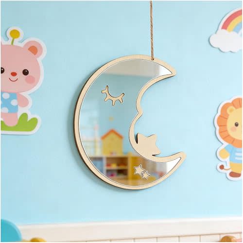 Pursuestar Wooden Plastic Mirror for Wall - Kids Safety, Acrylic, Non-Glass and Unbreakable Hanging Mirror for Kid's Boys Girls Playroom Bedroom Bathroom 8.7"- Moon