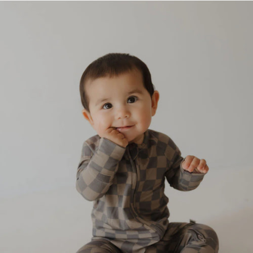 Bamboo Zip Pajamas | Faded Brown Checkerboard