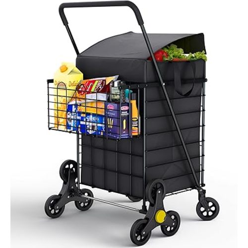 Stairs Climbing Shopping Cart w/Waterproof Basket Liner & 360° Swivel Wheels | Foldable Collapsible & Lightweight | Perfect for Groceries Laundry Utility Cart - Black
