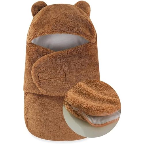 AiWMGL Baby Swaddle Blanket Boys Girls Fleece Winter Warm Adjustable Newborn Swaddling Wrap Soft Sleeping Sacks Infant Brown 1-3 Months