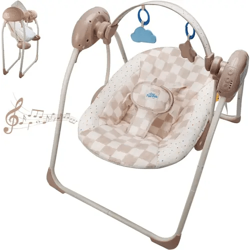 Baby Swings for Infants, Tiny Marvels Portable Swing with Adaptable Speed, Music, Removable-Toy-Bar, Foldable Infant Swing for Indoor and Outdoor Use, 0-9 Months 6-20 lbs(Sander Checker)