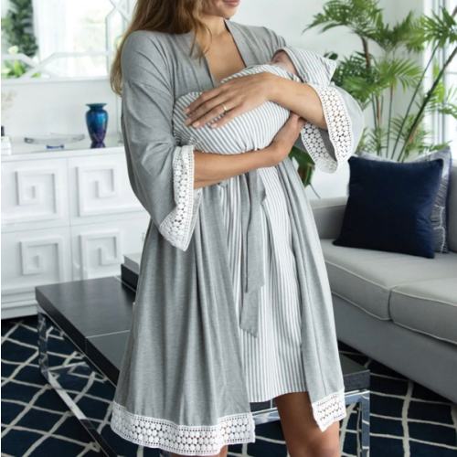 Nursing Nightie + Robe + Free Baby Blanket Pouch - Grey Pack – Angel Maternity USA