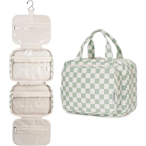 Narwey Hanging Toiletry Bag for Women Travel Checkered Makeup Bag Organizer Toiletries Bag for Travel Size Essentials, Accessories, Brushes, Cosmetics (Green Checkerboard (Medium))