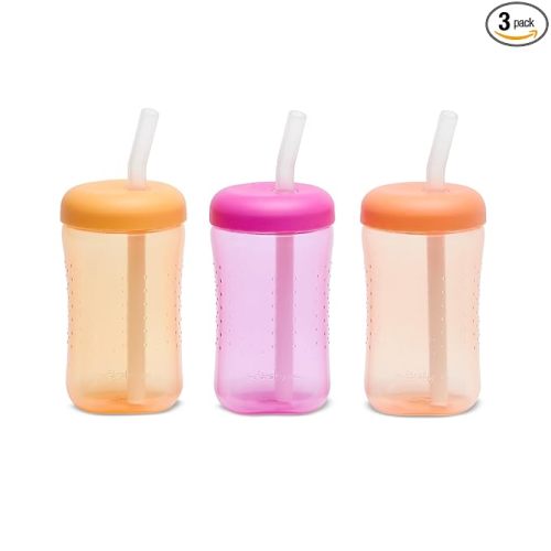 The First Years Squeeze & Sip Toddler Straw Cups - Squeezable Transition Sippy Cup with Silicone Straw - Toddler Feeding Supplies - Yellow/Pink/Orange - 7 Oz - 3 Count - Ages 6 Months and Up