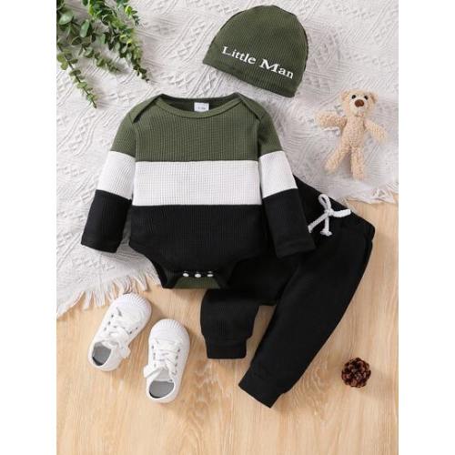 3pcs/Set Baby Boy Contrast Color Patchwork Long Sleeve Bodysuit, Solid Pants And Letter Print Hat | SHEIN USA