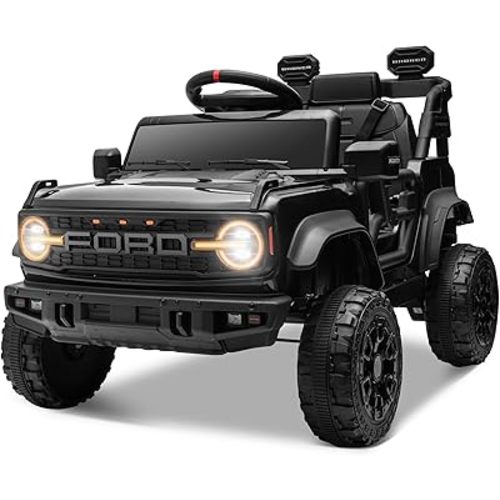 12V Licensed Ford Bronco Raptor Ride on Car for Kids, Battery Powered Electric Car for Toddlers w/Remote Control, Spring Suspension, Seat Belt, Bluetooth, Horn, LED Lights, Radio (Black)