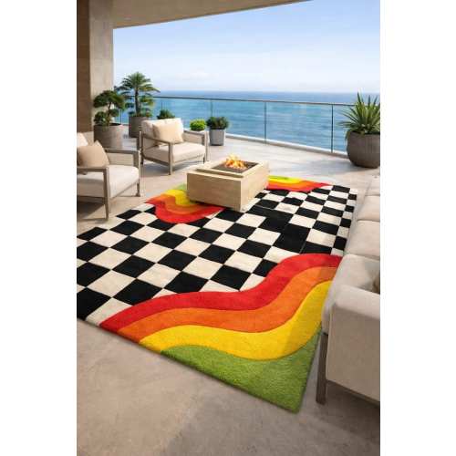 Checkerboard Rainbow Wave Rug, Modern Abstract Rug, Colorful Statement Carpet for Living Room Contemporary Decor | Boho Area Rug 8x10,9x12ft