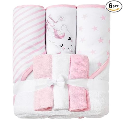 Viviland Baby Towels and Wash Cloths Set - Hooded Towels, Face Towels, Burp Cloths or Wipes - Absorbent Bath Towels - 6-Pack, Size 28 x 28 Inch (Pink Unicorn)