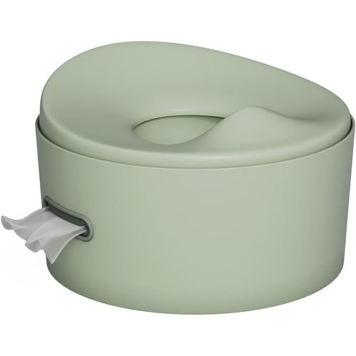 Lalo 3-in-1 Potty - Toddler Floor Potty, Toilet Trainer Seat & Step Stool with Removable Bowl, Soft-Open Hinged Lid, Built-in Wipes Dispenser, and Non-Slip Base - Easy to Clean - Sage