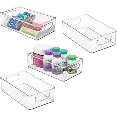 mDesign Plastic Bathroom Storage Container Bins w/ Handles - Closet, Cabinet, Vanity, Cupboard Shelf Organization, Hair Tools Accessory Organizer - Ligne Collection; Clear, 10x6x3 (Pack of 4)