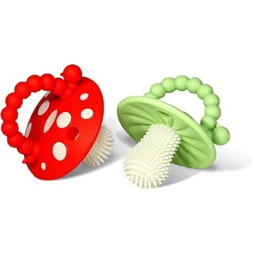 RaZbaby Soft Silicone Infant & Baby 3M+ Teether Toy Massaging Bristles Teething Relief Pacifier - Soothes Sore Gums - Hands-Free & Easy-to-Hold Chompy Teether, BPA Free (RED/Green)