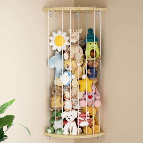 Dayacoco 80 in Stuffed Animal Storage Wooden Corner Shelf,60-80 in Length Adjustable,Stuffed Animal Organizer,Wall Hanging Stuffed Animal Holder Shelf for Nursery & Play & Bedroom & Kid Room