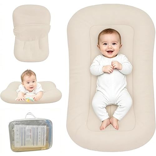 Baby Lounger for Newborn, Bionic Design Baby Lounger, Soft Organic Cotton Breathable Lounger for Infants 0-24 Months (Light Khaki)
