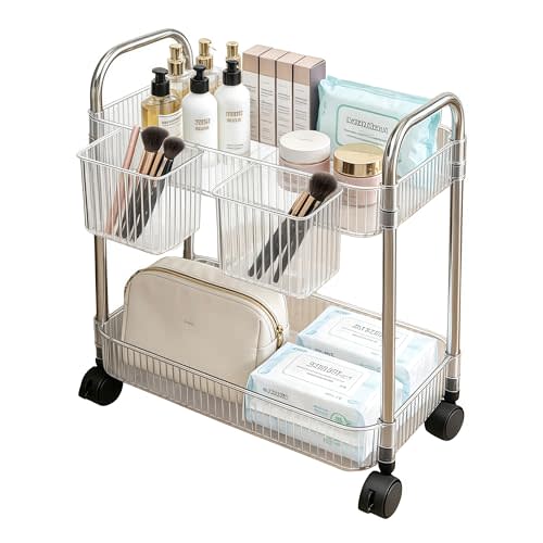 2 Tier Utility Rolling Cart with Wheels Sofa Side Table Small Under Desk Storage Organizer, Clear Acrylic Plastic Mobile Trolley Organization Storage Cart for Kitchen Pantry Bathroom Vanity