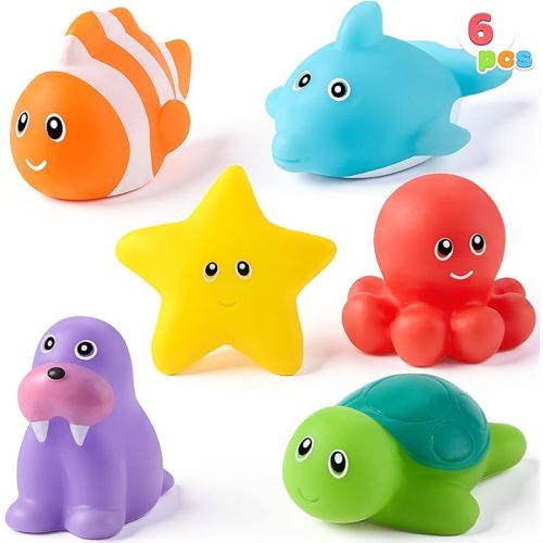 JOYIN 6 Pcs Bath Toys, Sea Animal Design, Sealed & No-Hole & Mold Free Bathtub Toys for Kids, Non-Toxic & Soft Water Vehicles Toys, Squeezable & Float on Water, Bath & Pool Play for Boys and Girls
