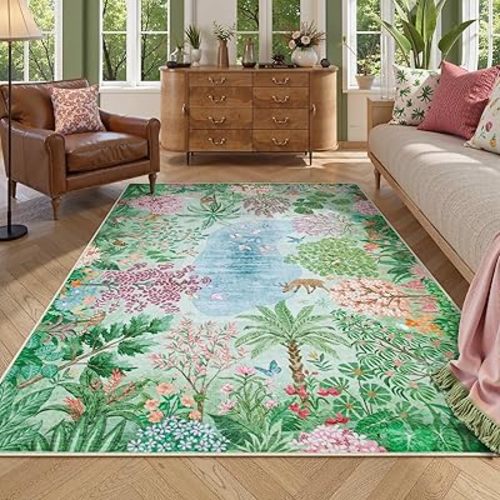 Lahome Jovence Spring Jungle Carpet, 5x7 Area Rugs for Bedroom Aesthetic Green Rugs for Living Room, Soft Machine Washable Seasonal Floral Non Slip Floor Carpet for Dorm Playroom Classroom Decor