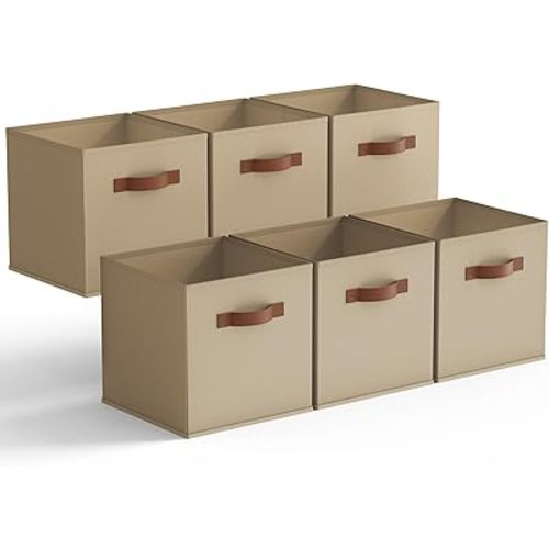GRANNY SAYS Cube Storage Bins, 11 Inch Cube Storage Organizer with PU Handle, Fabric Storage Bins, Storage Cubes for Shelves, Closet, Khaki, 6-Pack