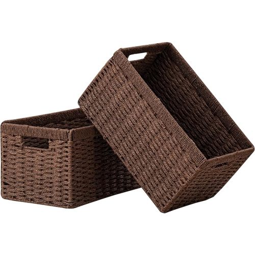 UBBCARE 2 Pack Wicker Basket, 13.4L×8.3H×7.1W inch Woven Paper Rope Storage Baskets for shelves, Foldable Rectangular Storage Baskets with Handle, Storage Basket for Organizing, Dark Brown