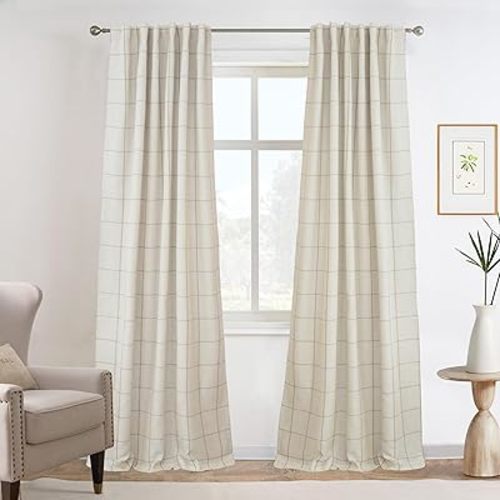 DriftAway 2 Panels 100% Blackout Windowpane Plaid Linen Curtains Double Layer Drapes for Bedroom 84 Inches Long Farmhouse Thermal Insulated 3.25 Inch Rod Pocket Back Tab for Living Room Taupe