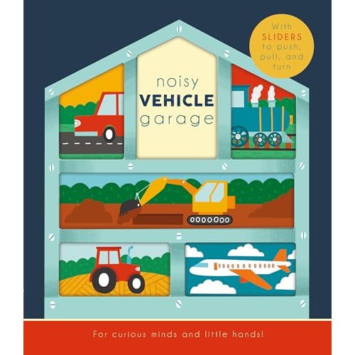 Noisy Vehicle Garage (Happy Fox Books) Sturdy Board Book for Kids Ages 3-6 - Interactive Sliders to Make Excavators Dig, Helicopters Fly, Submarines Float, and More