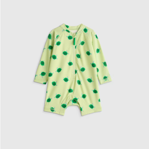 Long Sleeve Zip-Up Rash Guard One-Piece - Baby in Turtles