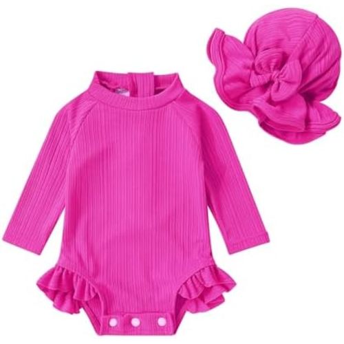 YOUNGER TREE Infant Baby Girls Swimsuit Long Sleeve Swimsuits One Piece Swimsuit Solid Color Bathing Suit with Hat, UPF 50+