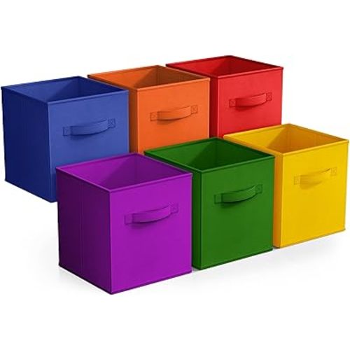 Sorbus 11 Inch Fabric Storage Cubes - Sturdy Collapsible Bins With Handle - 6 Foldable Baskets for Organizing Clothes, Toys, Books - Multi Colored Storage Baskets for Shelves, Kids Room, Closets