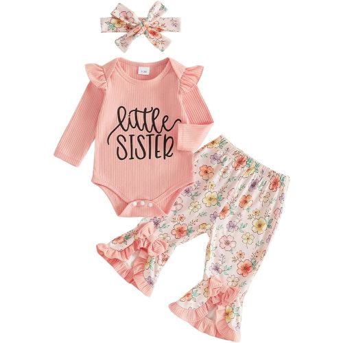Newborn Baby Girl Outfit Hello World Romper Floral Flare Pants Set