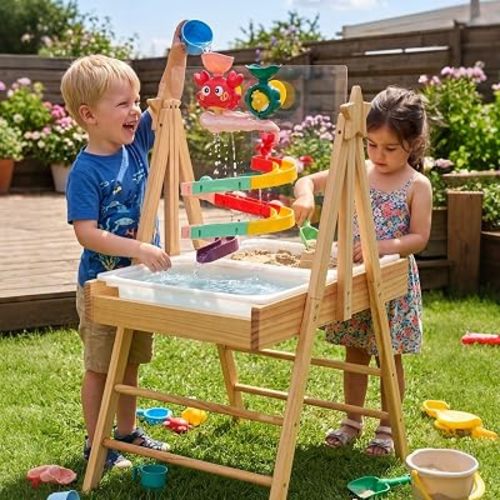 Brobear Wooden Water Table for Toddlers–Kids Wooden Sensory Activity Sand and Water Table with 2 Storage Bins & Acrylic Drawing Board, Beach Accessories, Slide Track Toy, Rain Shower, for Kids