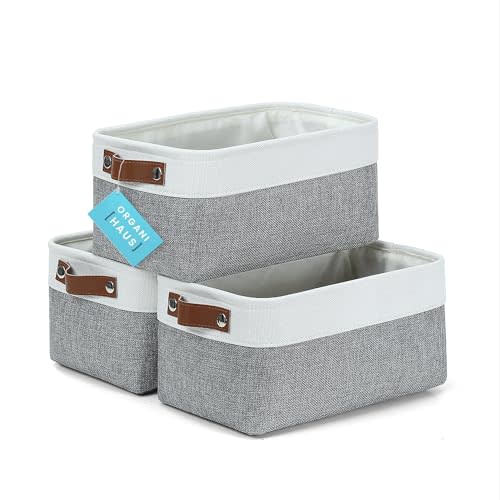 OrganiHaus Small Fabric Storage Baskets for Shelves 3 Pack, 12x08in Closet Storage Bins for Shelves, Canvas Baskets for Organizing, Linen Closet Organizers, Cloth Basket, Gray/Off-White