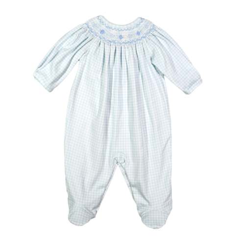LEO-214 Leo Blue Gingham Pima Hand Smocked Bishop Footie