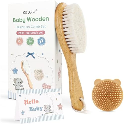 Baby Brush Comb Set, Goat Hair Bristles, Wooden Cradle Cap Brush,2PC