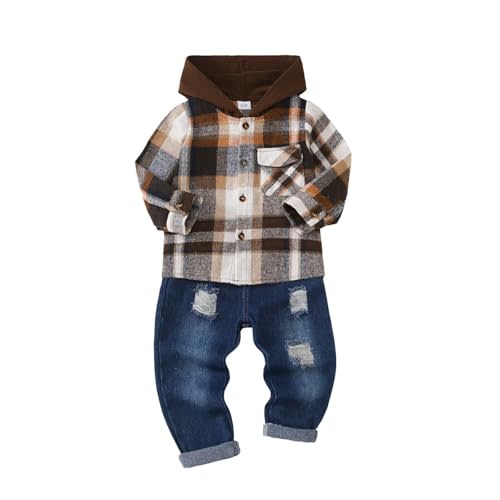 Toddler Boy Clothes Baby Boys Fall Winter Outfits Plaid Hooded Sweatshirt Ripped Holes Jeans Set 2-5T