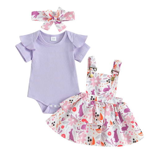 Baby Girl Easter Outfit Bunny Ruffle Short Sleeve Shirt one-piece Suspender Skirt Overall Dress Newborn Easter Clothes Headband