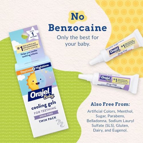Orajel Baby Daytime & Nighttime Cooling Gels for Teething, Drug-Free, #1 Pediatrician Recommended Brand for Teething*, Two 0.18oz Tubes
