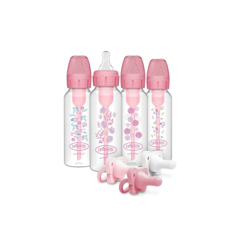 Dr. Brown’s Anti-Colic Options+ Baby Bottles, Narrow, Pink Floral Designs, 8oz, 4 Pack and HappyPaci 100% Silicone Pacifier 0-6m, BPA Free, White, Pink, Light Pink 3-Pack