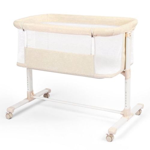 Kinder King Portable Baby Bassinet with Wheels, All-Mesh Bedside Sleeper, Newborn Crib with Removable Soft Mattress, Beige