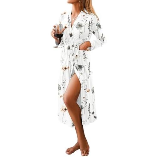 Ekouaer Women Kimono Robes Full Length Knit Bathrobe Lightweight Soft Sleepwear V-neck Casual Ladies Loungewear S-XXL