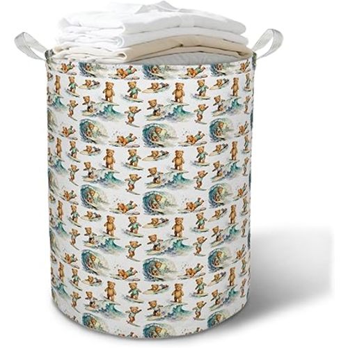 Sports Bear Nursery Laundry Basket Hamper, Sports Decor for Boys Bedroom, Cute Bear Player Foldable Clothes Toys Books Storage Box Bins Baskets Organizer for Kids Boys Room Playroom