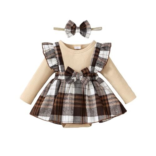 HIGHUZZA Baby Girl Winter Clothes Toddler Girl Spring Outfit Long Sleeve Ruffle Romper Suspender Skirt Headband Set