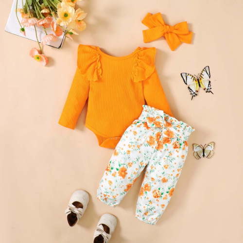 Newborn Infant Baby Girl Clothes Long Sleeve Fall Winter Baby Girl Ruffle Romper Floral Pants Set Girls Clothing Outfit